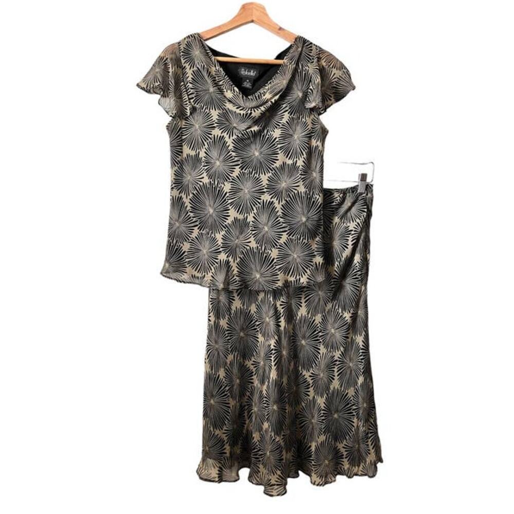 VTG Rafaella Silk Set Floral Cap Sleeve Cowl Neck Knee Length SZ 10 Black Green